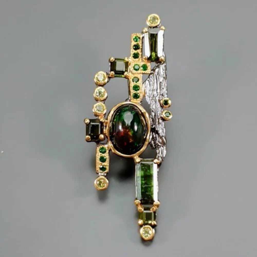 Necklace Handcrafted Black Opal-Tourmaline-Chrome Diopside-Peridot 925